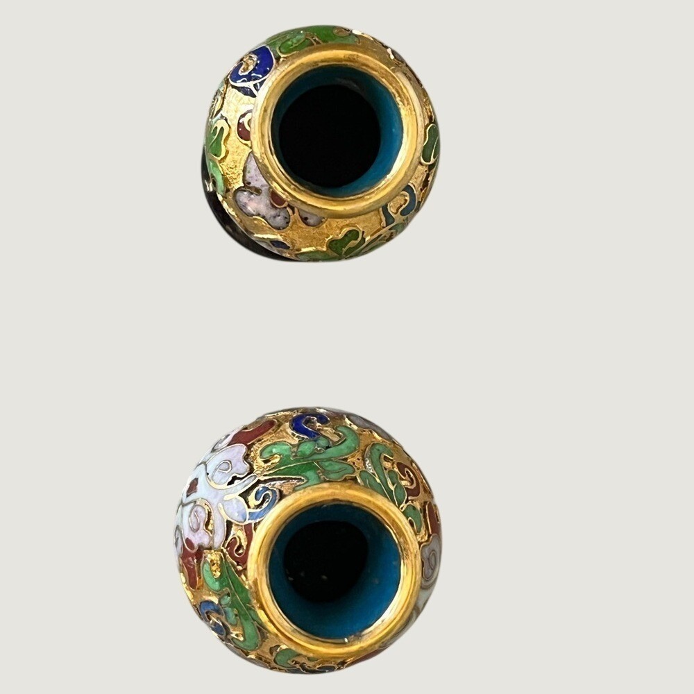 Vintage Miniature Cloisonne Style Gold Tone Background Floral Vases With Bases - Picture 3 of 9